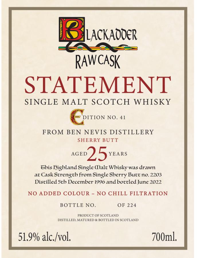 Ben Nevis 1996 Blackadder Statement Edition 41 – 25 Year Old Single Malt des Highlands